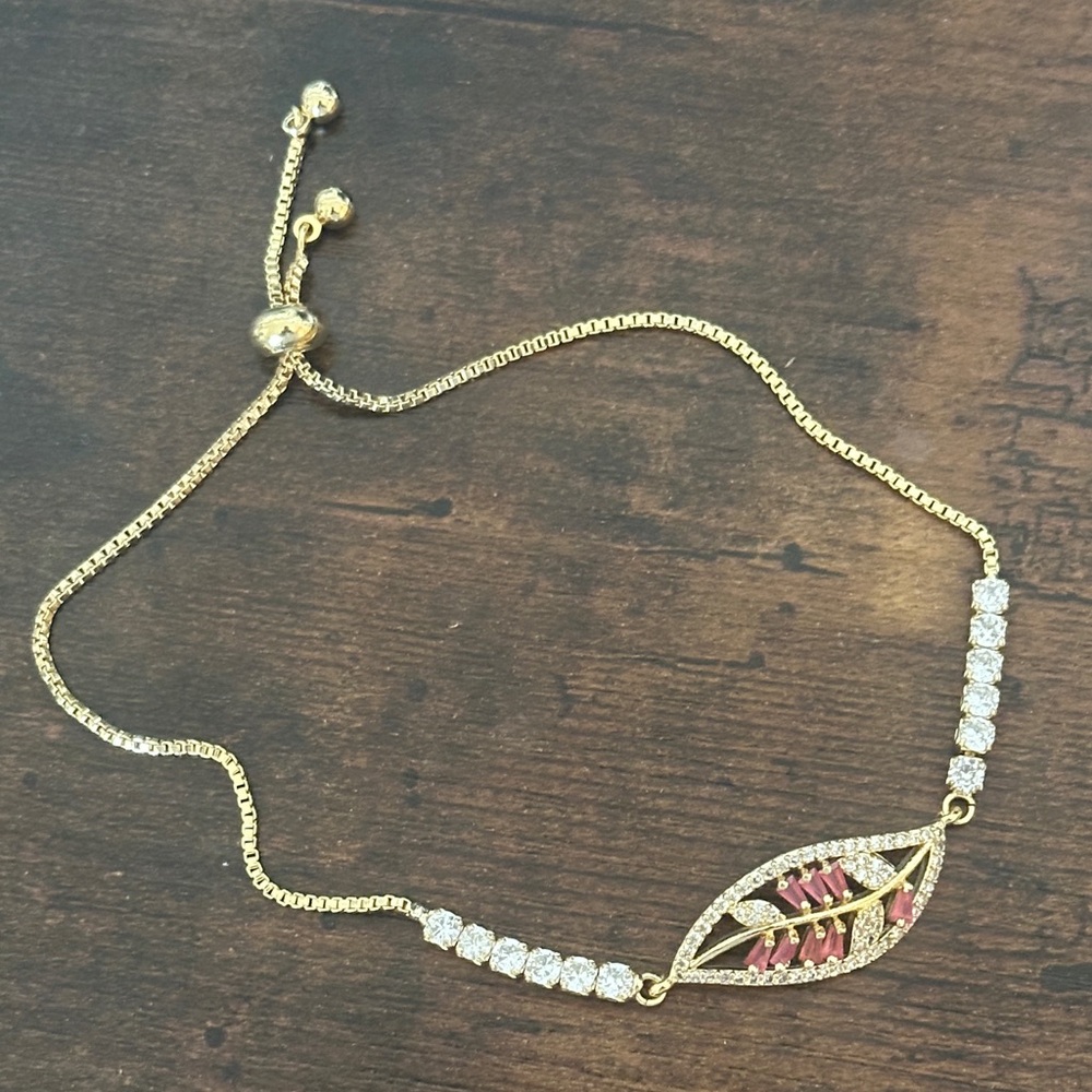 Elegant Gold and Pink Leaf Lariat Bracelet